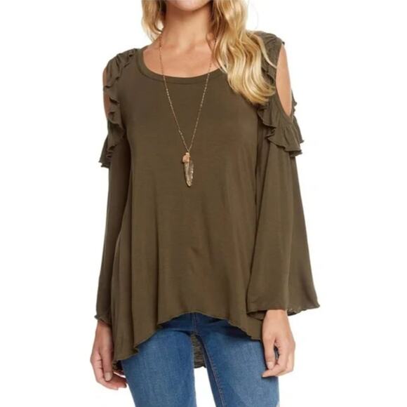 Chaser Bell  Sleeve Cold Shoulder Long Sleeve Top Olive Green Women's Medium - Picture 1 of 9